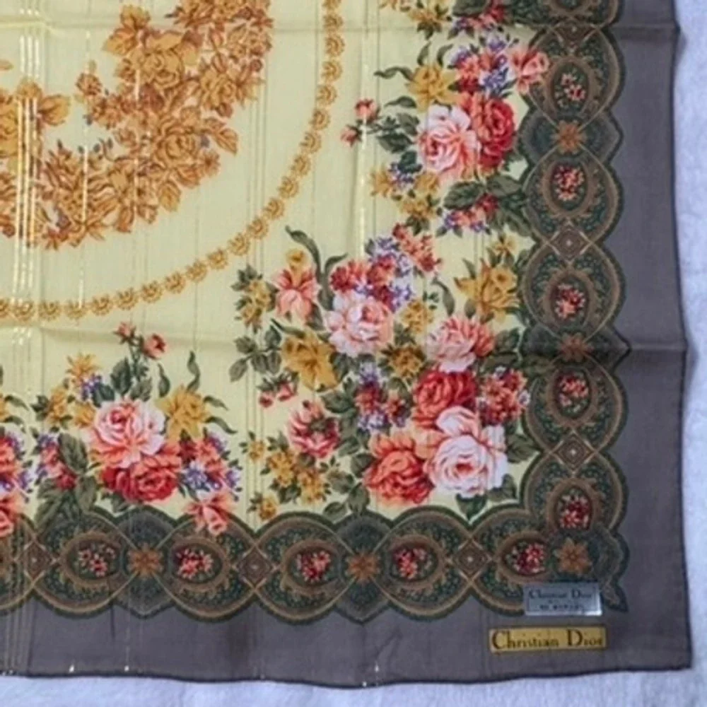 Vtg CHRISTIAN DIOR Scarf Handkerchief Floral Brown Cream 20